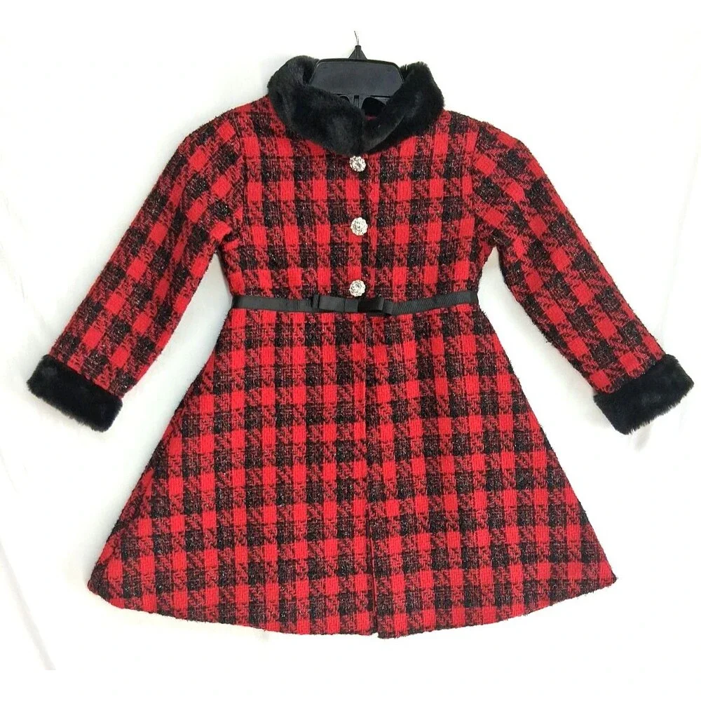Blueberi Boulevard Girls 6 Red Holiday Christmas Over Coat Faux Fur Plaid